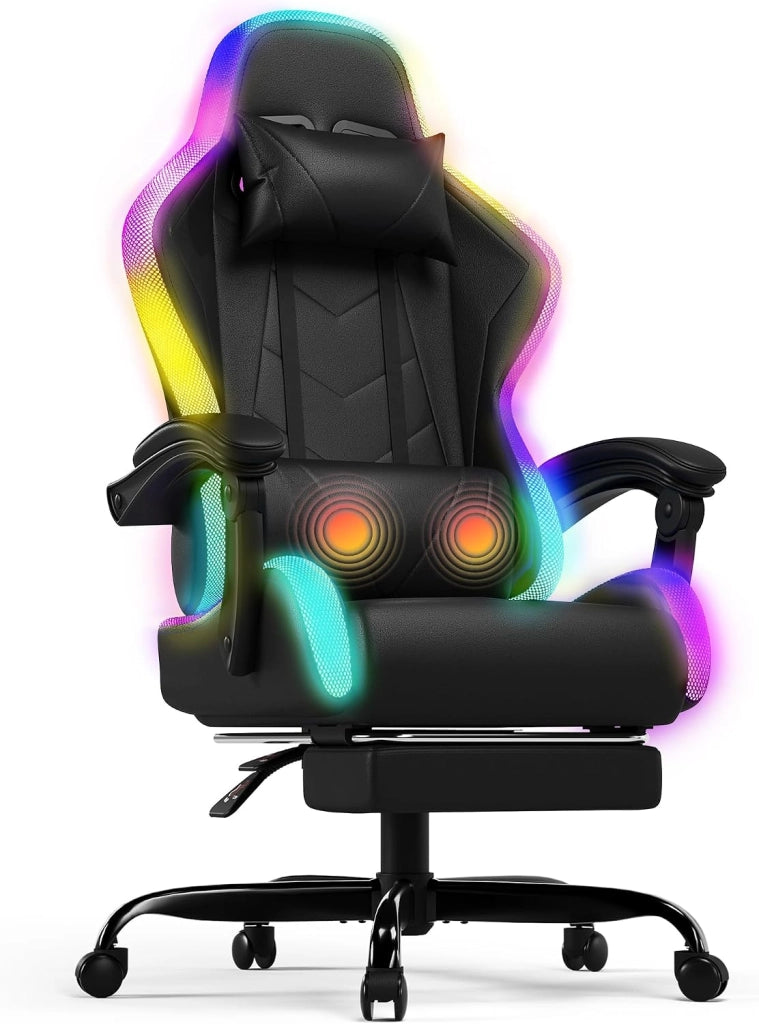 Sedia da Gaming con Massaggiante Schienale Regolabile 90-135°, Sedia Gaming con LED e Poggiapiedi Telescopico,Poltrona Gaming Ergonomica Portata 150 kg (Bianca)