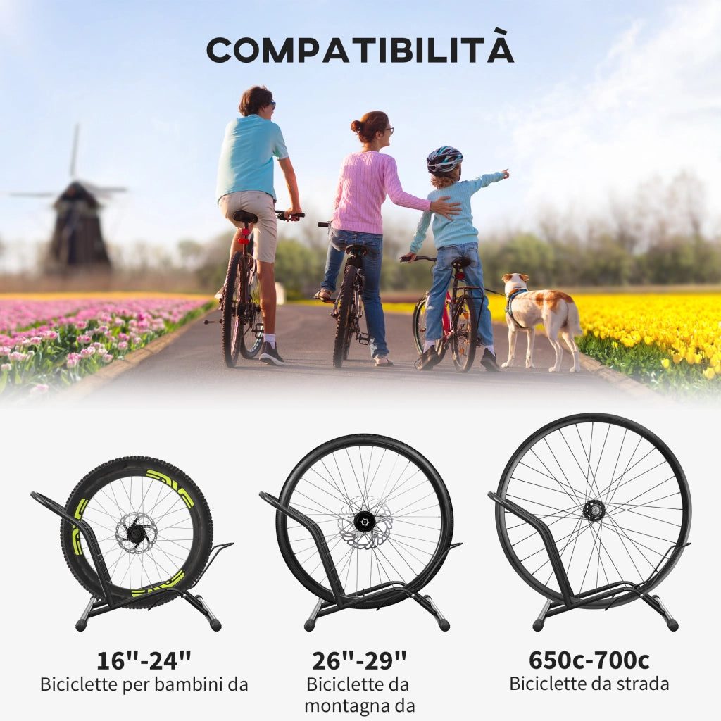 Cavalletto Portabici per Pneumatici < 8.5 cm in Acciaio, 59x41x38 cm, Nero