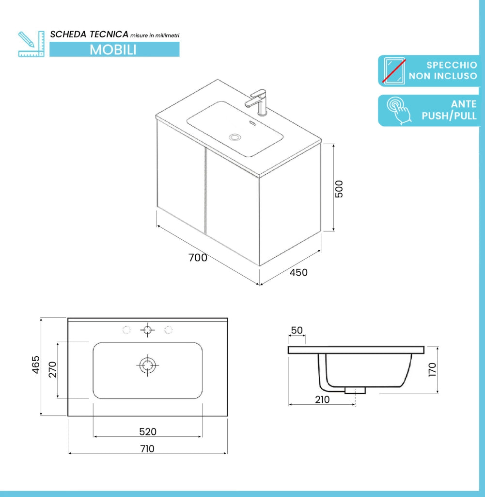 Mobile bagno sospeso 70 cm tortora due ante e lavabo Tierra