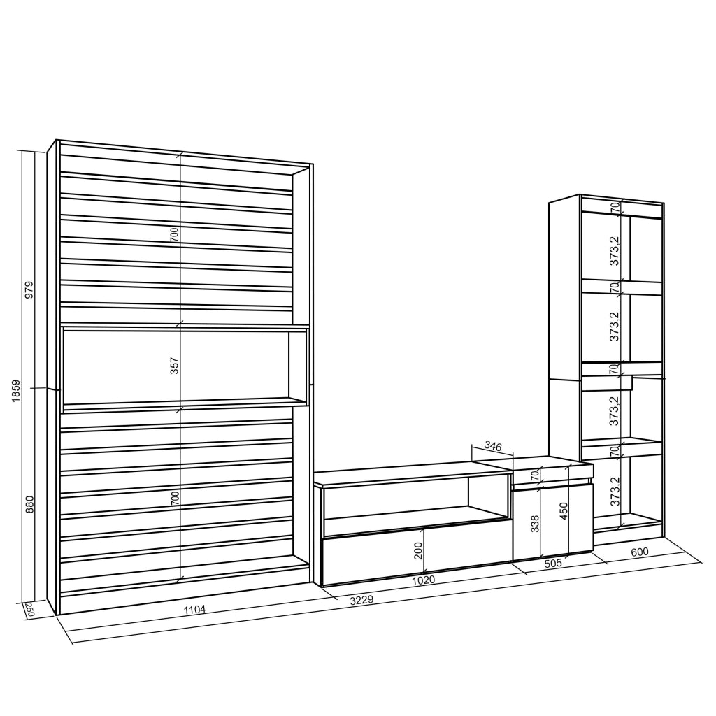 Mobile TV, Soggiorno, 320x35x186cm, Set di mobili, colore Rovere e nero RF2589