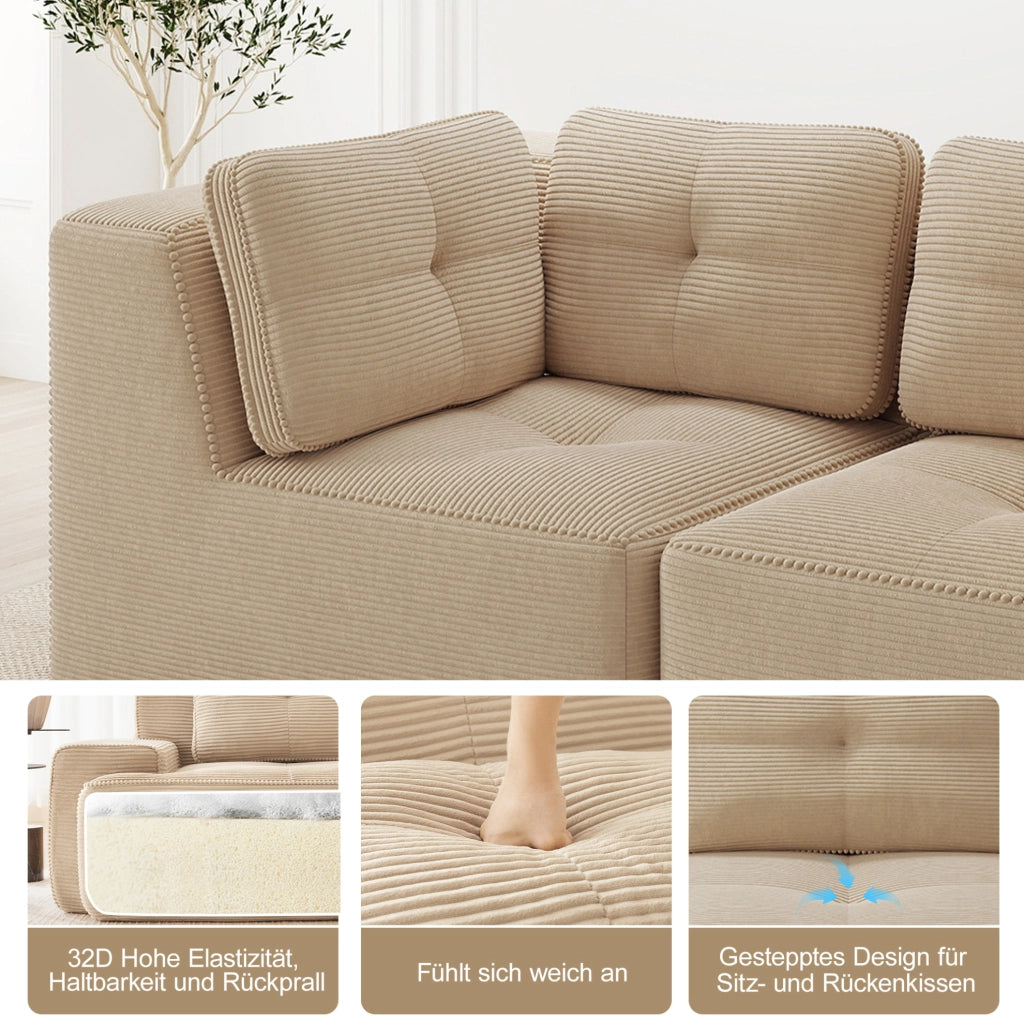 Divano angolare modulare in tessuto corduroy beige 208x177x69 cm; componibile