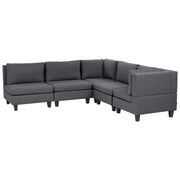 Divano componibile a 5 posti imbottito in tessuto grigio scuro gambe nere lato sinistro stile moderno