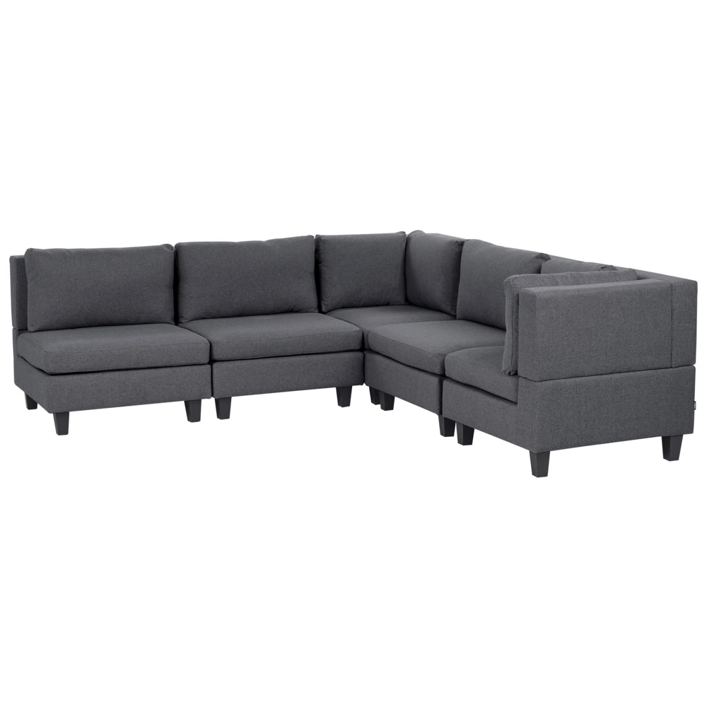 Divano componibile a 5 posti imbottito in tessuto grigio scuro gambe nere lato sinistro stile moderno