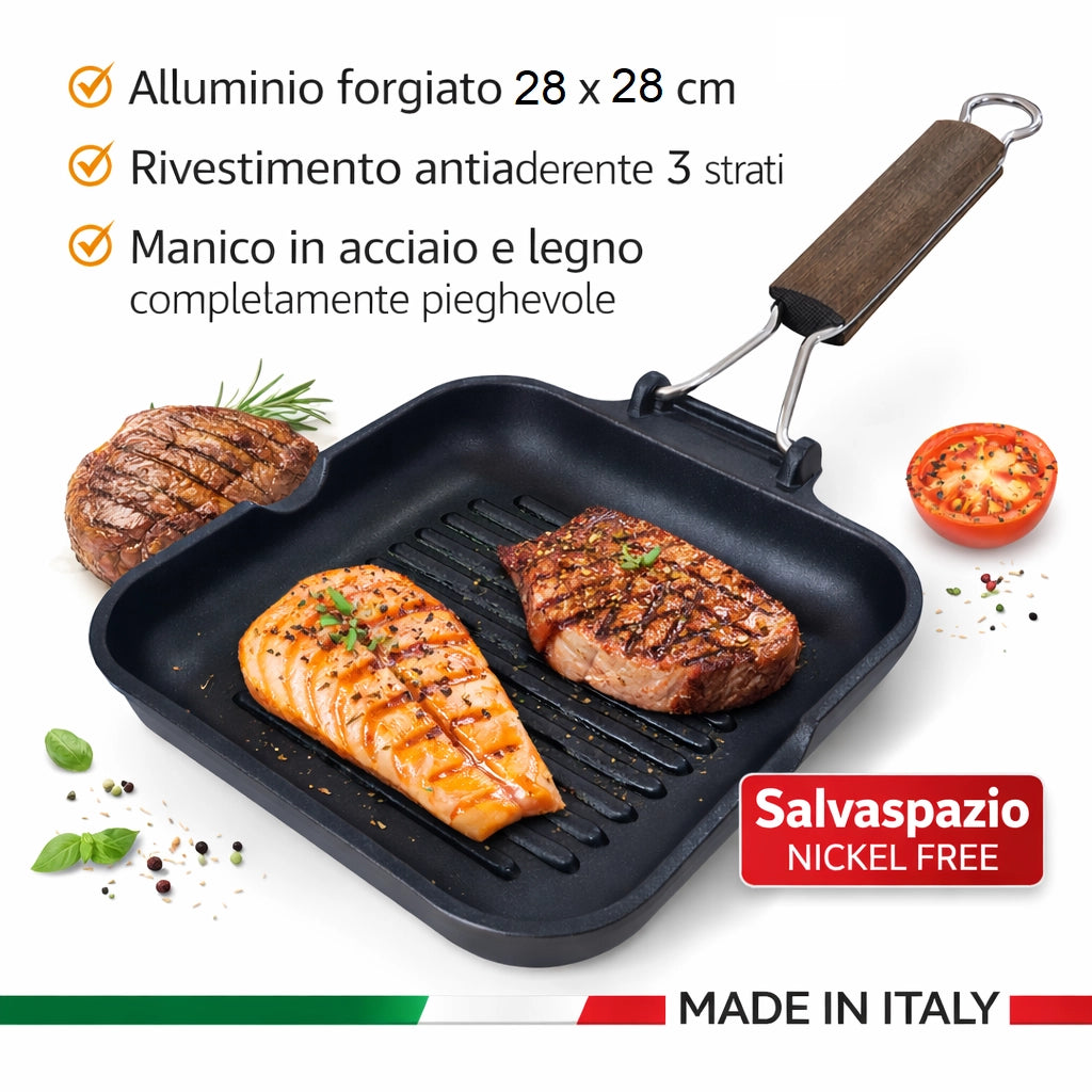 Bistecchiera 28x28 cm Antiaderente 3 Strati Manico Pieghevole Salvaspazio Made in Italy