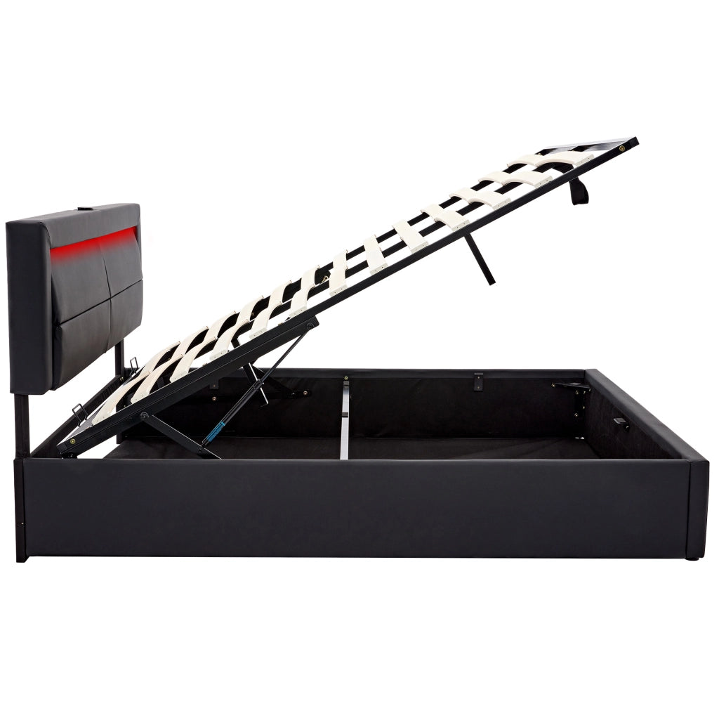 Letto imbottito 140x190 cm con USB; LED e vano contenitore; PU nero