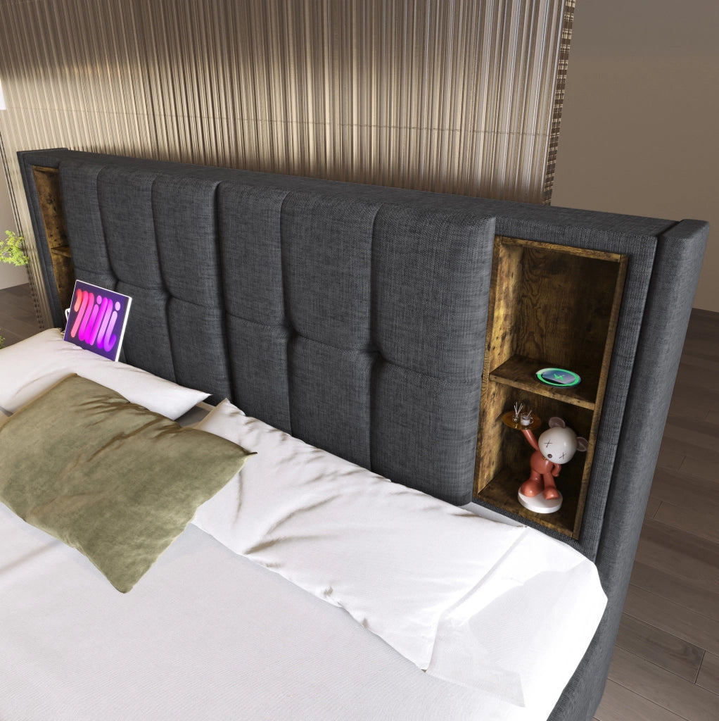 Letto matrimoniale 160x200 cm in lino grigio con ricarica wireless; USB e 4 cassetti