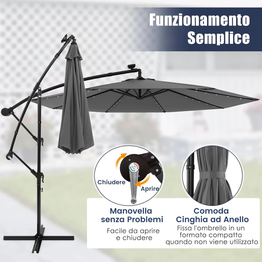 Ombrellone da Giardino 300 cm, 40 Luci LED Solari, Anti-UV, Inclinazione Regolabile, Manovella, 8 Stecche per Esterno Piscina Patio (Grigio)