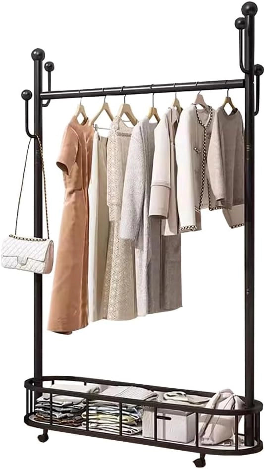 Appendiabiti in Metallo con Ganci e Cestino portaoggetti, Design Industriale Moderno per Camera da Letto e Ingresso, Altezza 60/80/100 cm x Larghezza 30 cm x Lunghezza 174 cm