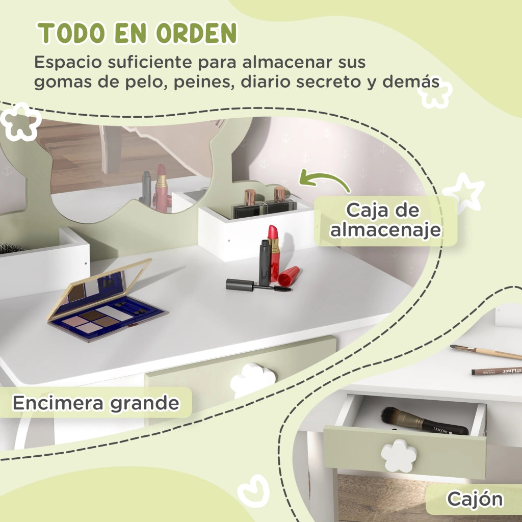 Cassettiera con specchio e sgabello per bambini ¨C zephmum ¨C bianco e verde pastel 55x34x87,5 cm