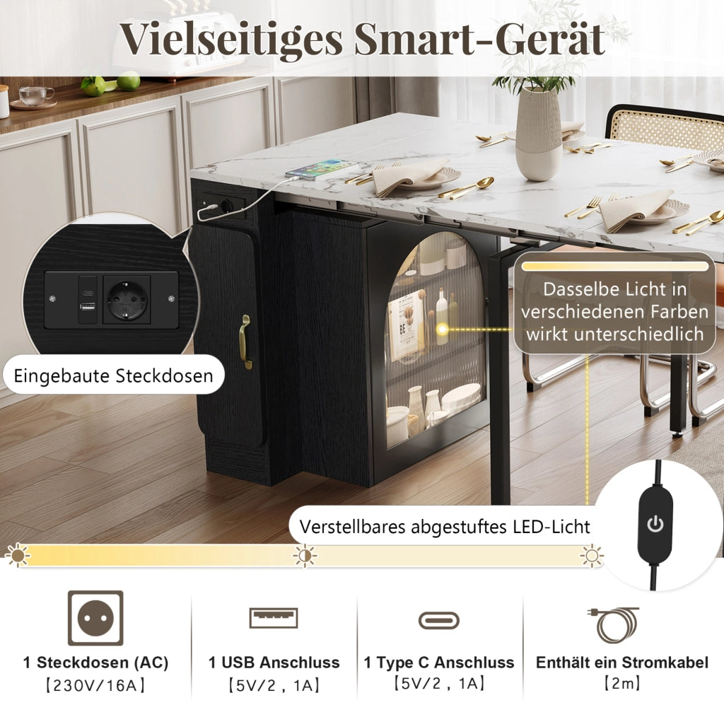 Tavolo da pranzo estensibile con isola e prese USB, bianco/nero