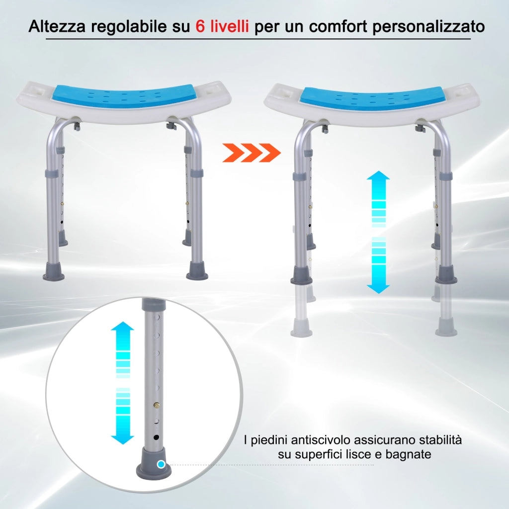 Sgabello per Doccia da Bagno in Lega di Alluminio e Plastica Antiscivolo. Sgabello Bagno con Altezza Regolabile 6 Livelli 39-52cm. Blu
