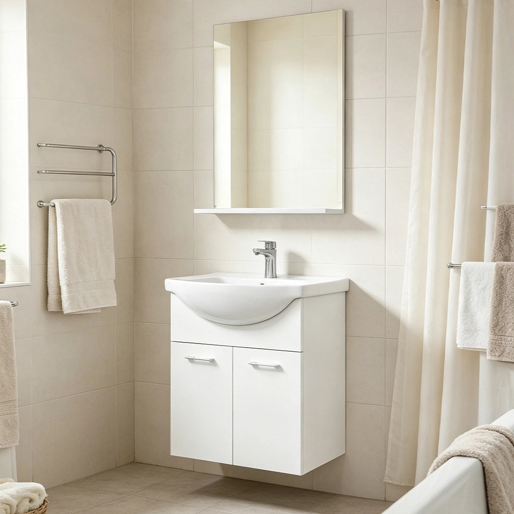 Mobile da Bagno Sospeso Completo Bianco Larghezza 55 cm Specchio e Rubinetteria