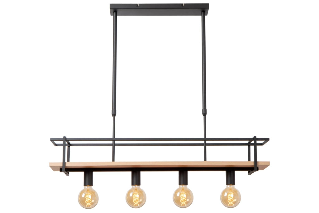 Lampada a sospensione industriale nera/legno Milonga 4xE27