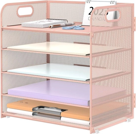 Organizzatore per ufficio con maniglia, 5 strati di organizzatore per documenti, contenitore per documenti, organizzatore per ufficio per casa e scuola, rosa