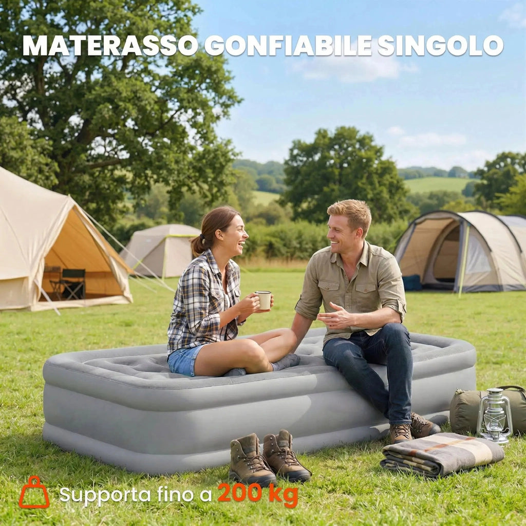 Materasso Autogonfiante Singolo 190x97x39 cm Superficie Floccata con Pompa di Gonfiaggio e Borsa di Trasporto Grigio