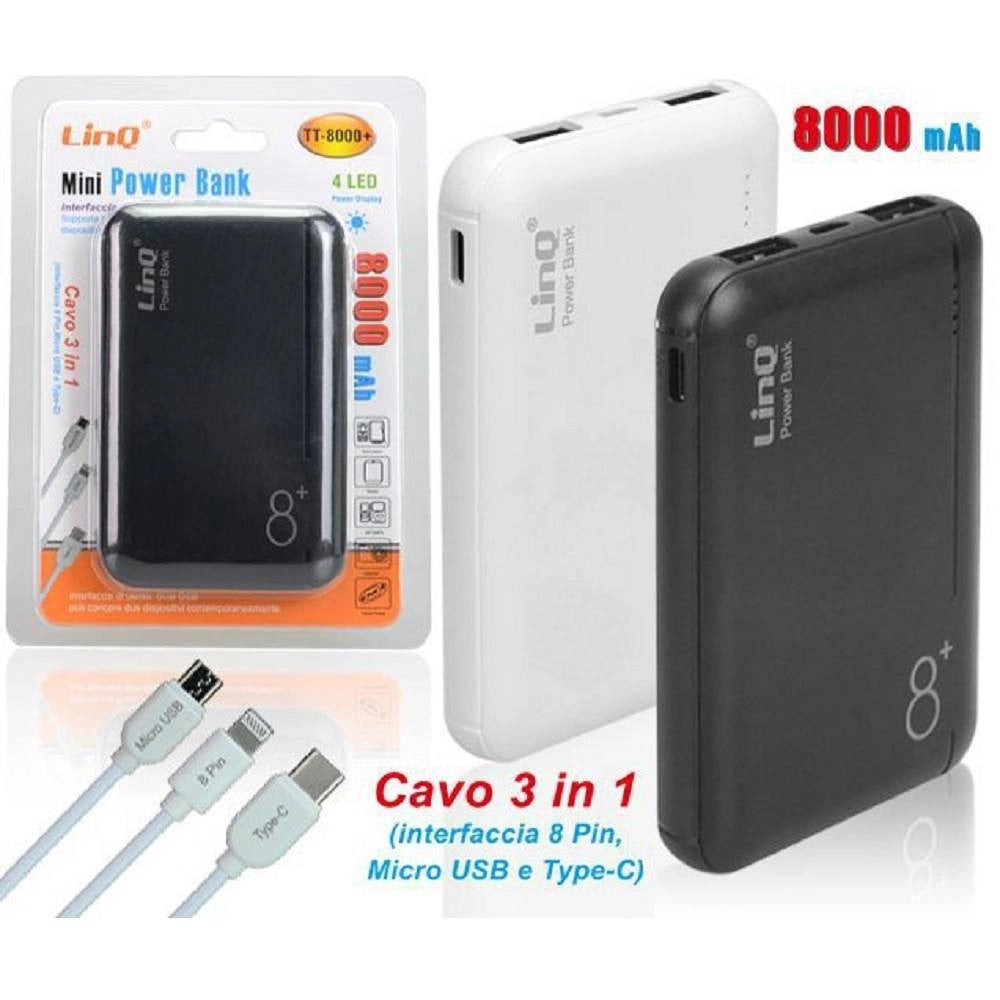 Trade Shop - Power Bank Sottile Batteria Supplementare 8000 Mah Doppia Usb Cavo 3in1 Tt-8000+ -