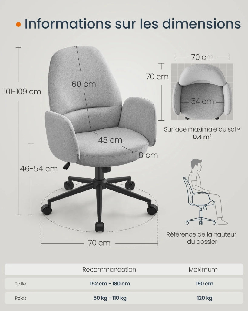 Sedia da ufficio ergonomica con braccioli altezza regolabile girevole stile moderno schienale alto seduta ampia e confortevole tessuto in cotone-lino grigio 12_0006052