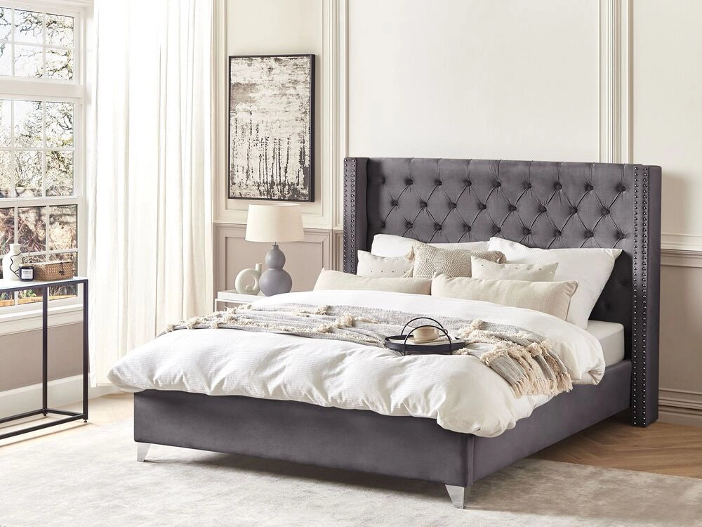 Letto a doghe Velluto grigio imbottito Poggiatesta trapuntato borchie 180 x 200 cm Glam Design