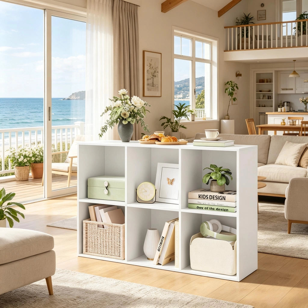 Libreria a cubi bianca in legno ingegnerizzato, 6 scomparti, scaffale da terra multifunzione