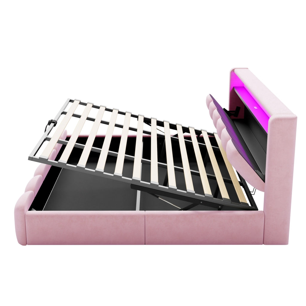 Letto matrimoniale contenitore 180x200 cm con testiera a petalo; LED; USB e USB-C; imbottito in velluto rosa