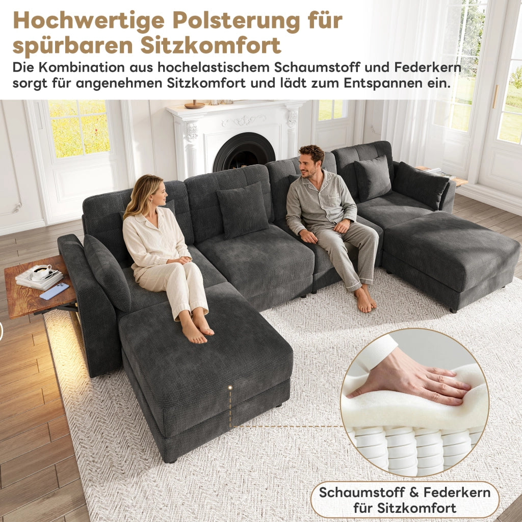 Divano angolare modulare a U e L con 2 pouf mobili, luci LED e tavolino pieghevole, in ciniglia grigio