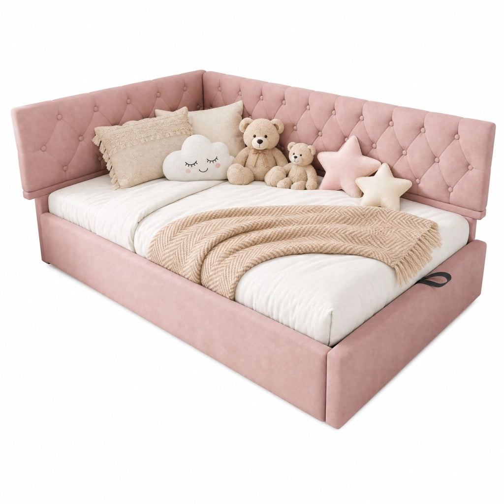 Letto imbottito 90x190 cm con contenitore idraulico, velluto rosa, testiera reversibile, senza materasso