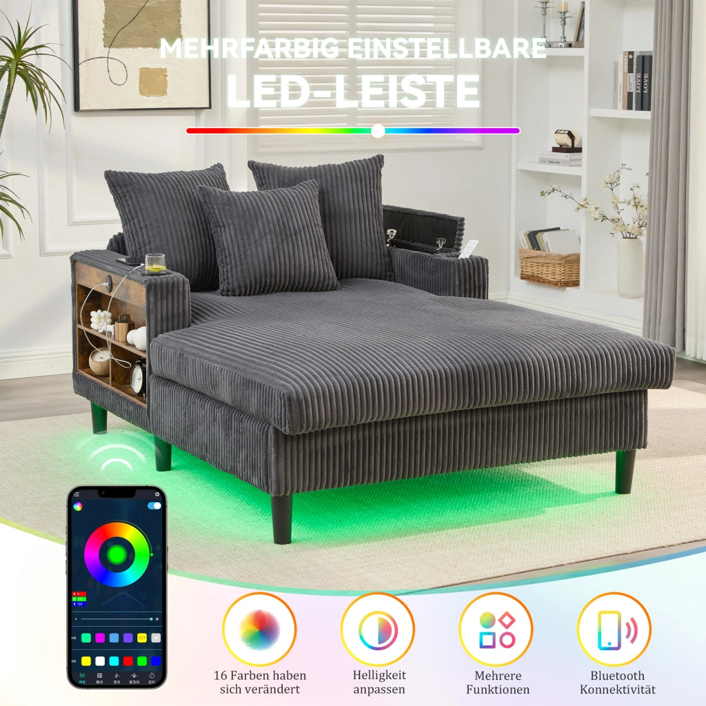 Méridienne con portabicchieri LED tasca laterale e porta USB in velluto a coste grigio scuro 129 × 170 × 70 cm