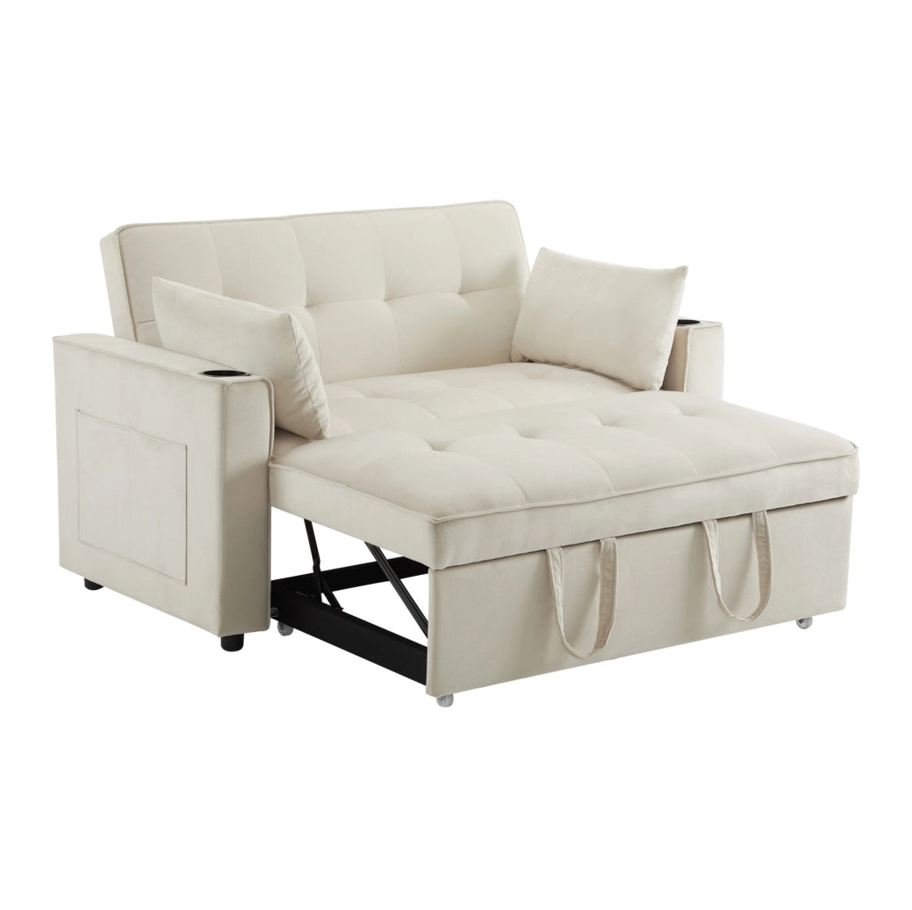 Divano letto 2 posti in velluto beige con portabevande e tasche