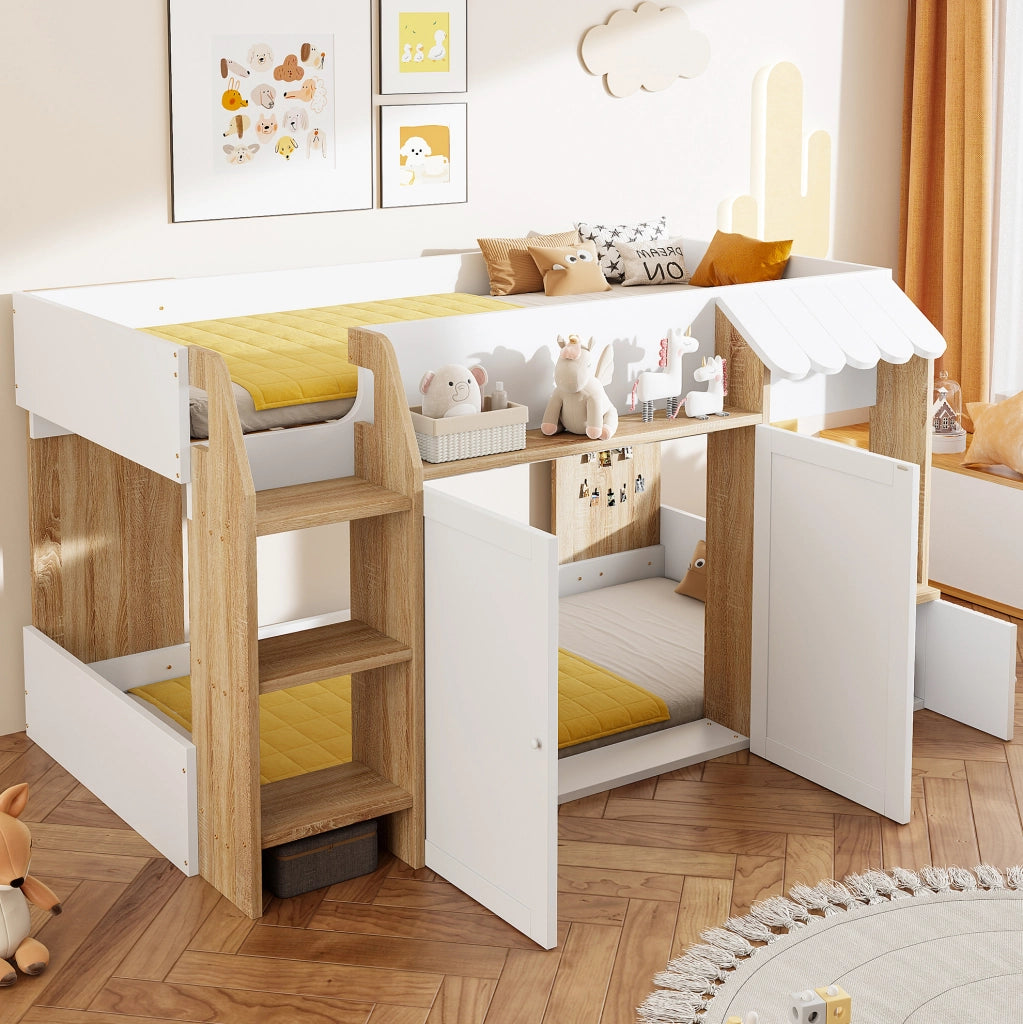 Letto a soppalco 90x200 cm con scala e contenitore in legno bianco e colore naturale