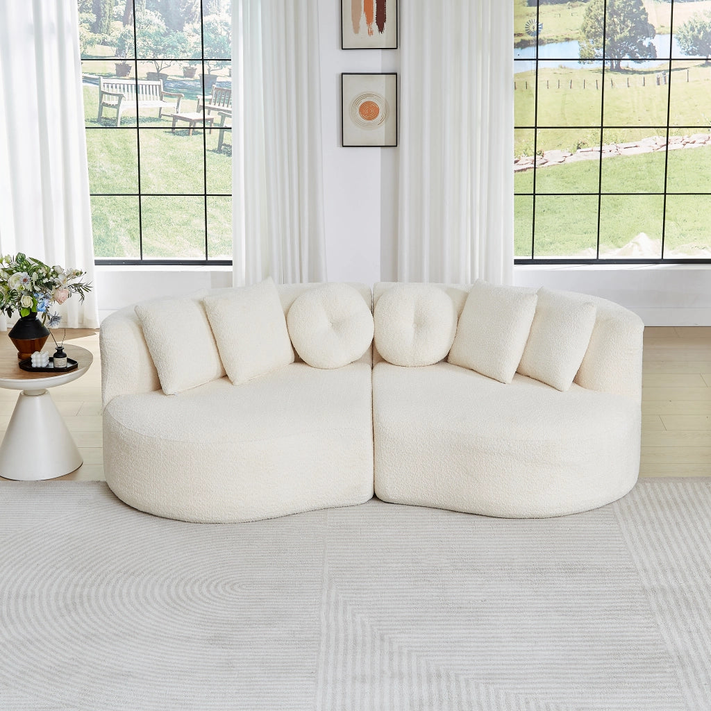 Divano modulare in chenille con schienale continuo e 6 cuscini forma curva a due moduli beige per soggiorno e sala giochi