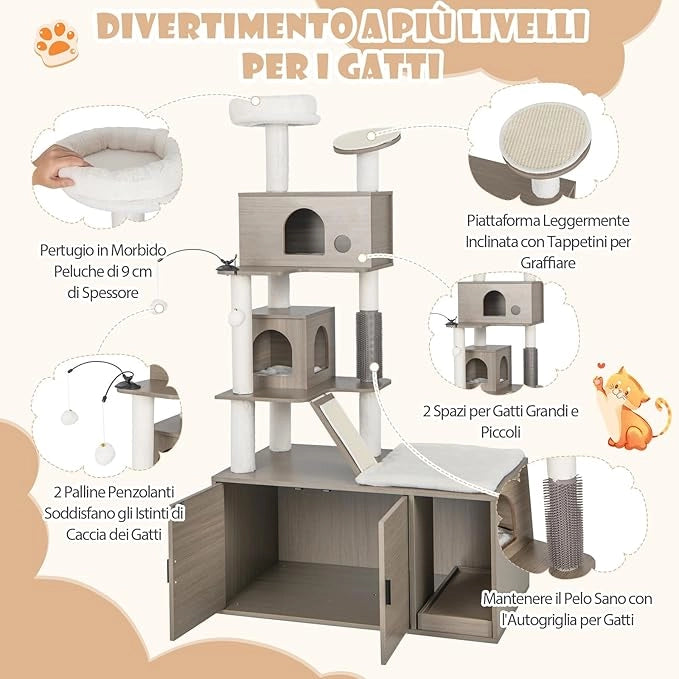 Albero per Gatti con Mobile per Lettiera, Torre per Gatti Moderna 2-in-1 con Doppie Cucce, Piattaforma Superiore, Pali in Sisal, Tiragraffi, Rampino, Piattaforma e Palline, Grigio