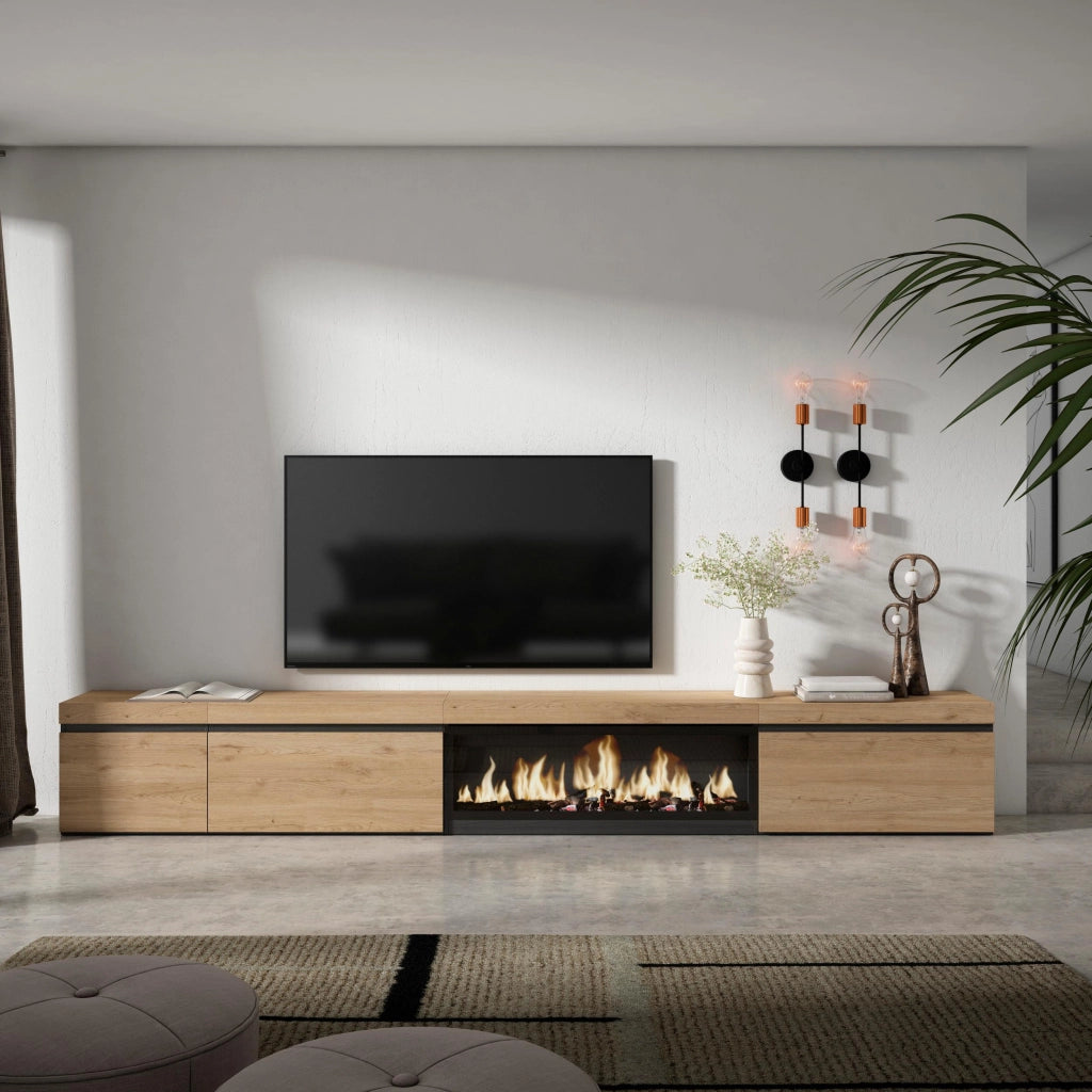 Mobile TV Soggiorno, 317x35x45cm, Camino elettrico XXL, colore Rovere RF3676