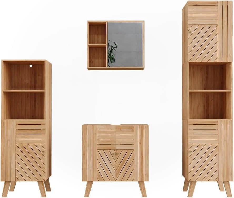 Set di mobili da bagno Lucie, Bambù, 60 cm, composto da mobile lavabo, pensile a specchio, colonna e base media