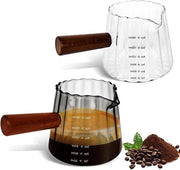 Misuratore di Liquidi con Maniglia in Legno - Bicchiere per Espresso/Cocktail - Bicchiere per Caffè e Latte - Bicchiere in Vetro Borosilicato