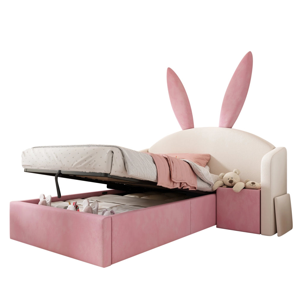 Letto imbottito con vano contenitore 90x190 cm velluto beige-rosa