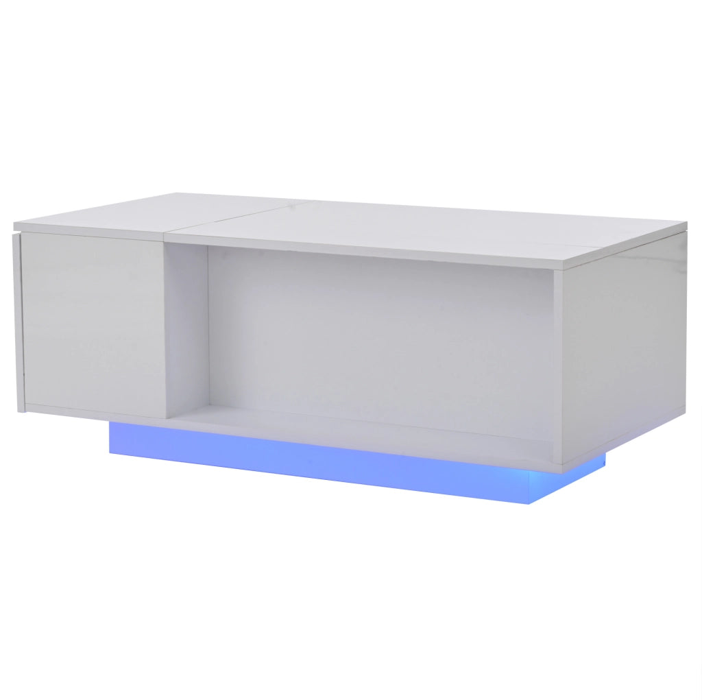 Tavolino da salotto 100x50x40 cm; sollevabile con contenitore nascosto e LED; pannello truciolare bianco