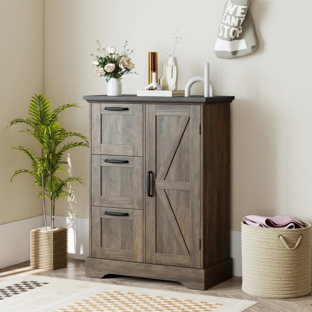 Mobile da pavimento mobile accentato rustico con porta da fienile-Mobile credenza indipendente per cucina Marrone
