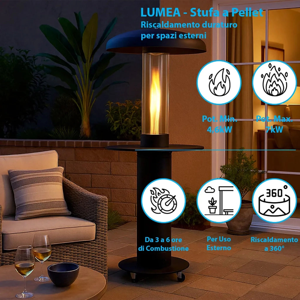Stufa a Fungo a Pellet Max 7kW Struttura con Vetro Protettivo Lumea Nero