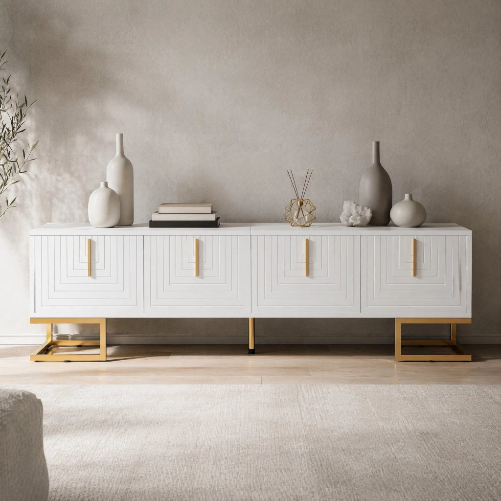 Mobile TV 170 cm bianco con 4 ante, maniglie e gambe dorate