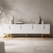 Mobile TV 170 cm bianco con 4 ante, maniglie e gambe dorate