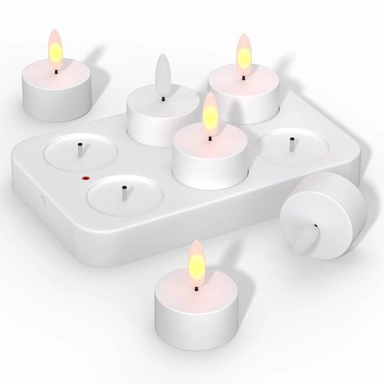 Pacco di 6 candele LED senza fiamma con stazione di ricarica candela ricaricabile luce a fiamma oscillante lampioncini elettrici lampada per bambini lampada da tavolo lampada per soggiorno [Classe di efficienza D]