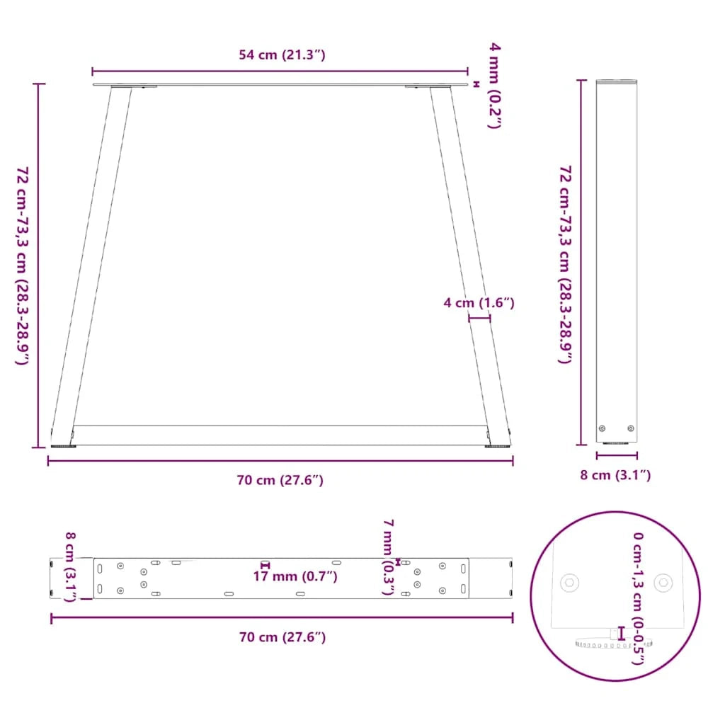 Set di 3 gambe per tavolo da pranzo dal design moderno 70 x 73 cm con piedini regolabili in acciaio nero 02_0056872
