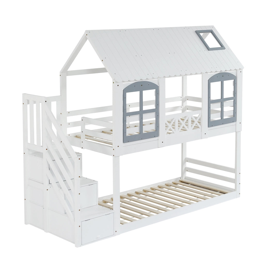 Letto a castello per bambini con tetto e finestre, scala contenitore, 90x200 cm, bianco e grigio