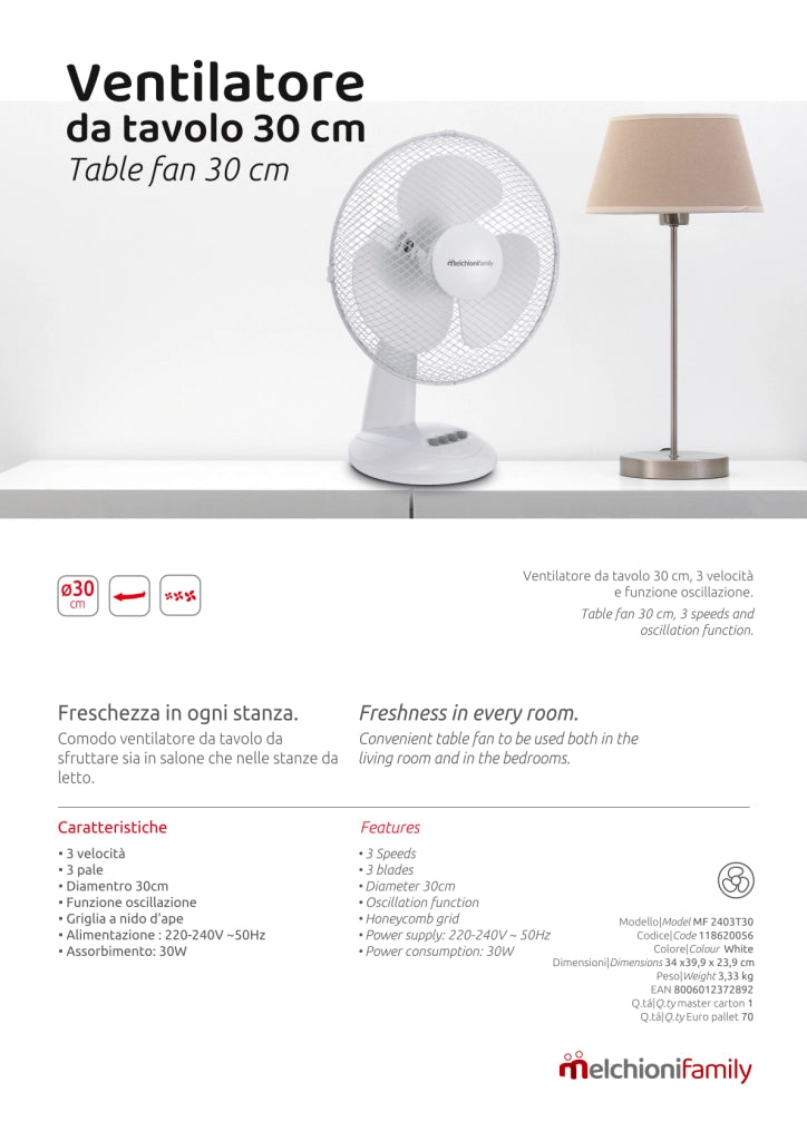 Melchioni Family ventilatore da tavolo MF2403T30 30cm 3 velocità 3 pale oscillazione
