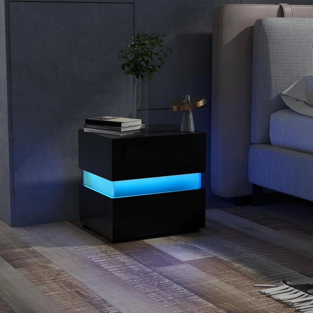 Tavolino comodino a LED con cassetti e telecomando, Comodino con 22 modalit¨¤ di luce, 10 velocit¨¤ e 5 luminosit¨¤ Nero
