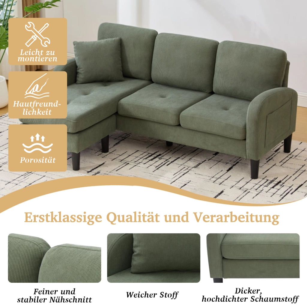 Divano angolare reversibile 3 posti con chaise longue modulare per soggiorno, in corda e schiuma, Verde
