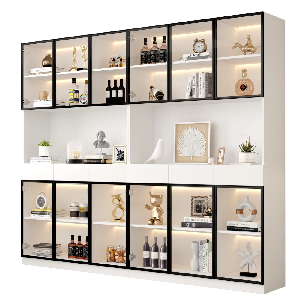 Vetrina alta LED bianca con ante in vetro e cornice nera, 200 cm