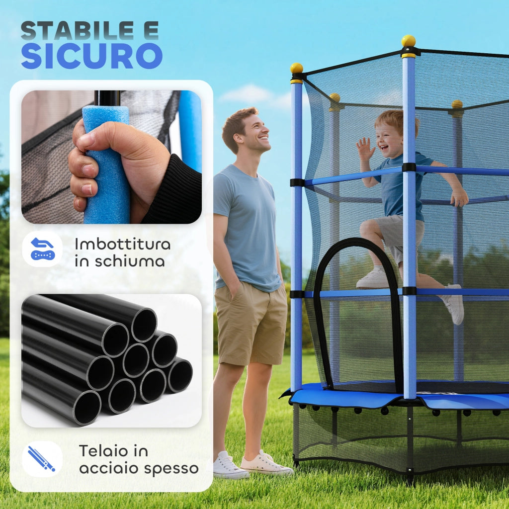 Tappeto Elastico per Bambini con Rete e Pali Imbottiti ¨C zephmum ¨C Blu, ?140x190 cm