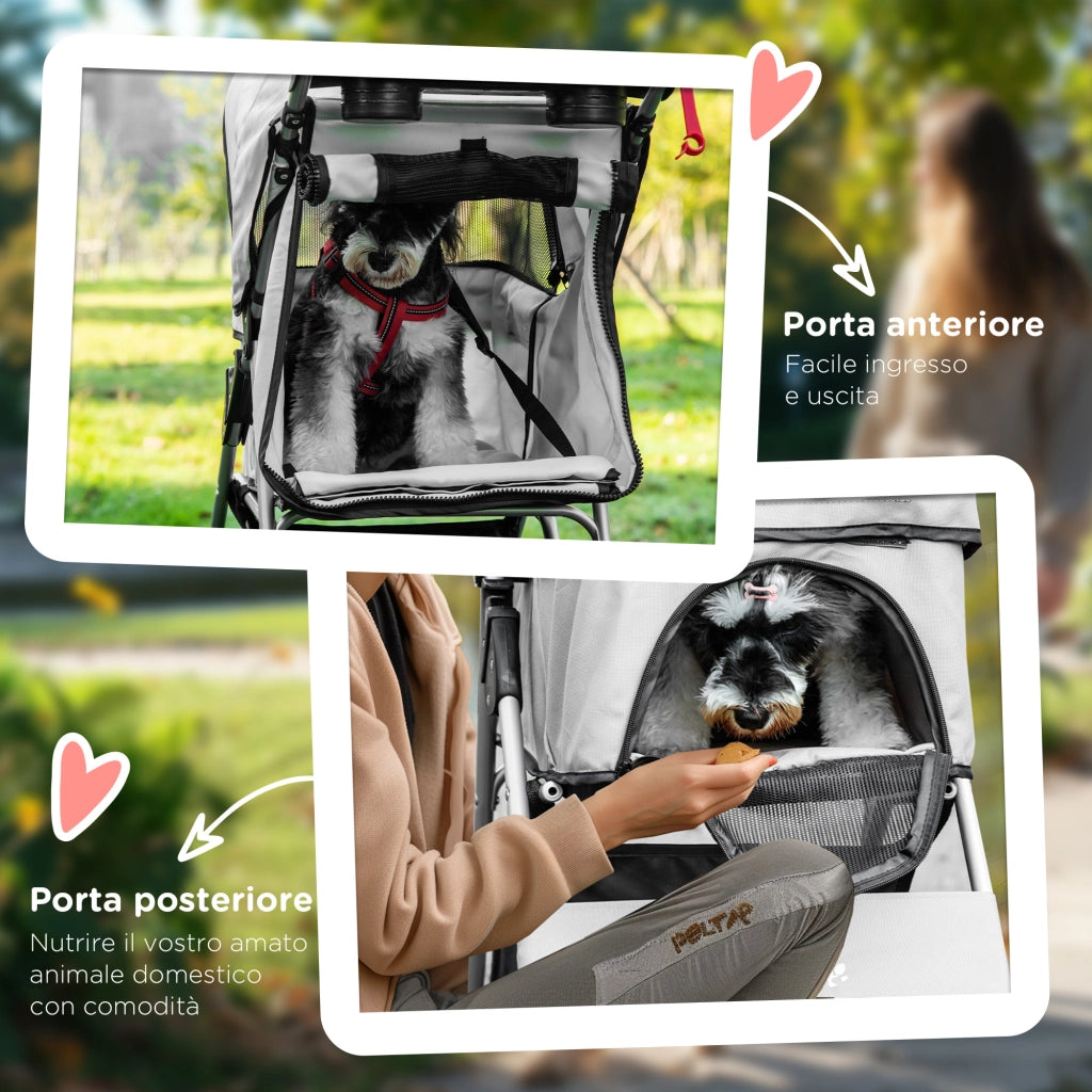 Passeggino per Cani Pieghevole con 3 Reti e Cerniera, in Ferro e Tessuto Oxford, 77x45x99.5 cm, Grigio