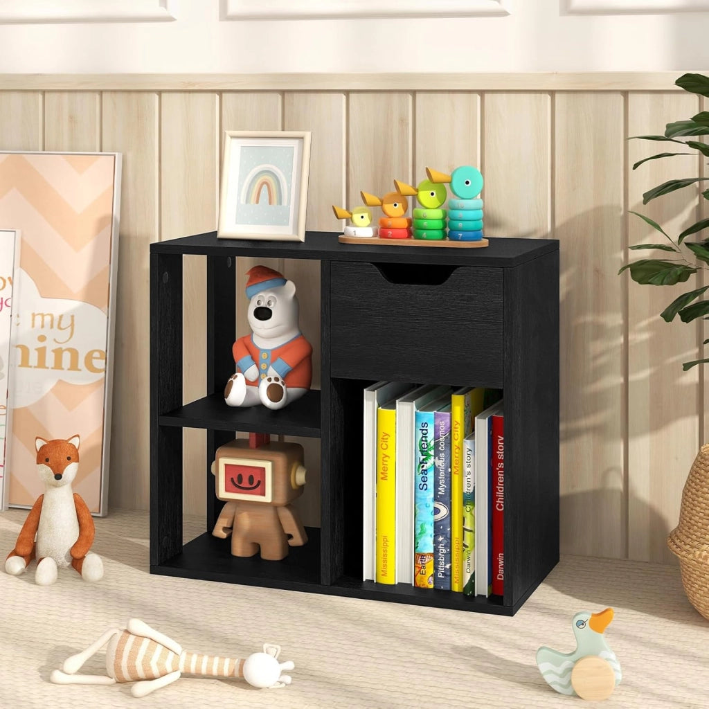Libreria Scaffale, Libreria Bianco in Legno con Cassetto e 3 Cubi, 60 x 30 x 53 cm, Scaffale Multiuso per Soggiorno, Ingresso, Ufficio e Cameretta (Nero)